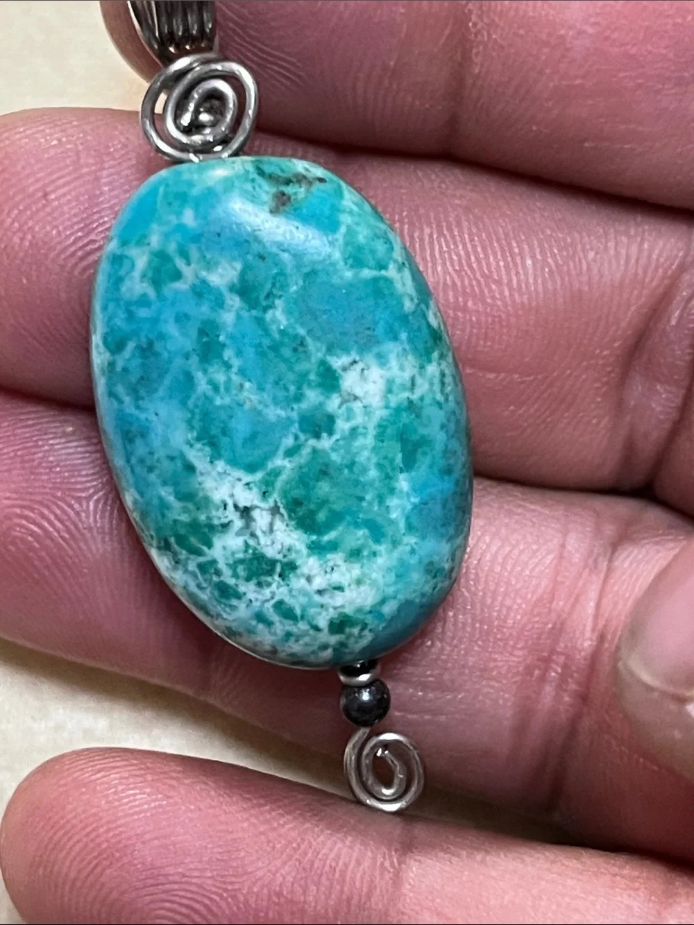 Turquoise Blue Oval Stone Pendant Necklace with Silver Spiral Accents
